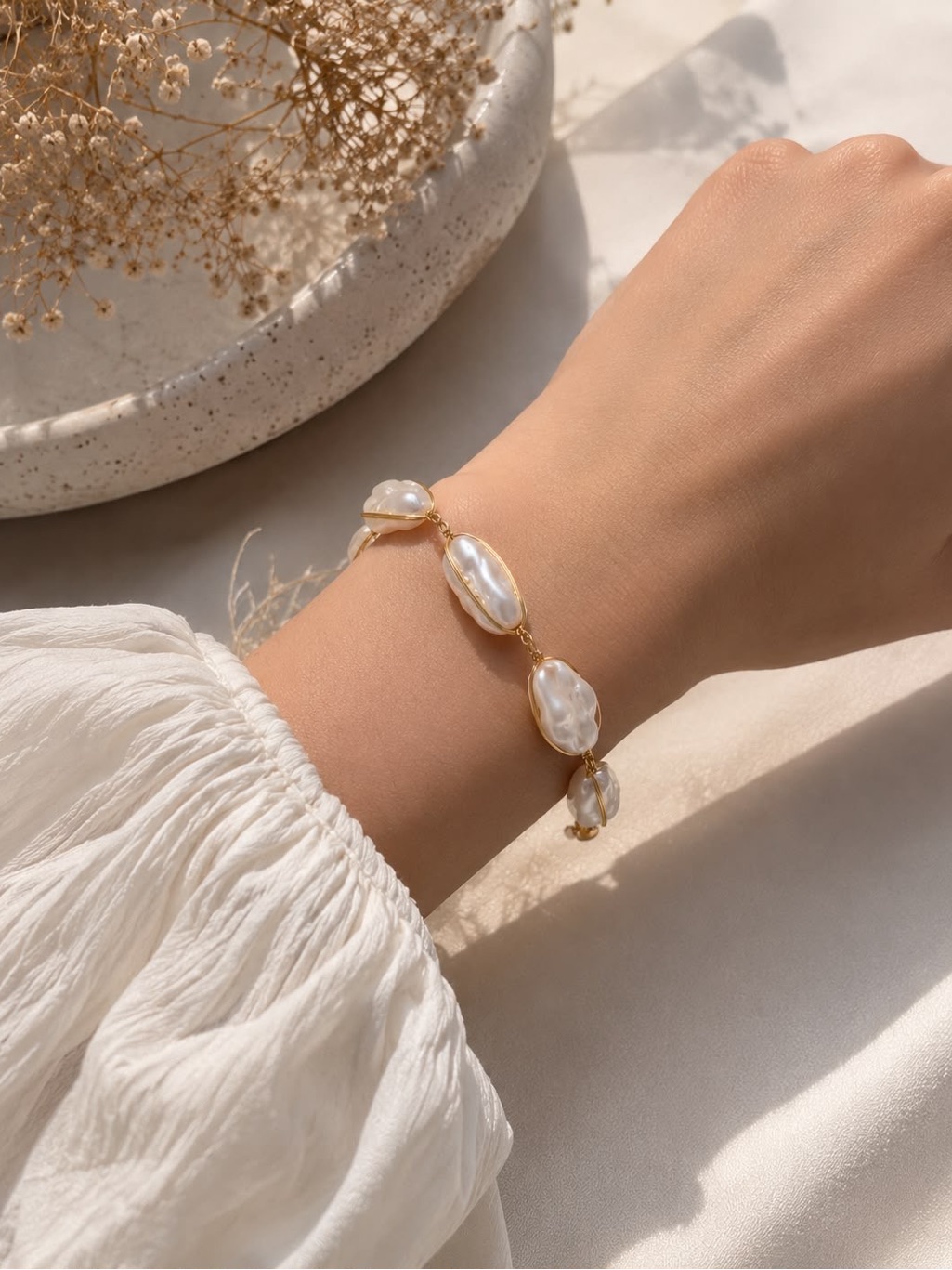 Golden Baroque Pearl Link Bracelet